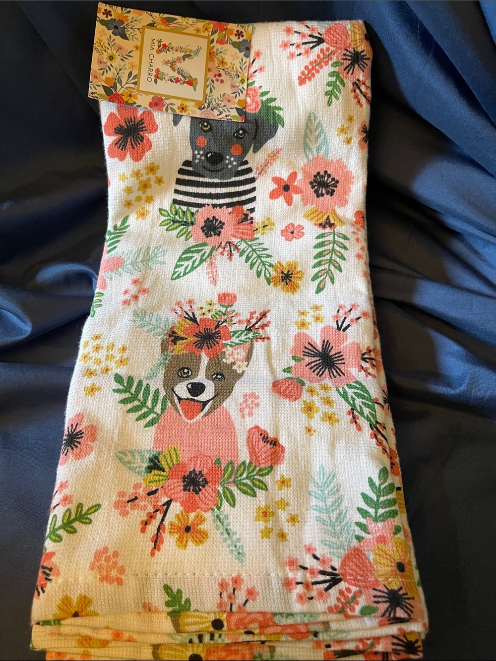 Mia Charro - Set of 3 Floral Dog Cotton Kitchen Towel - White & Coral